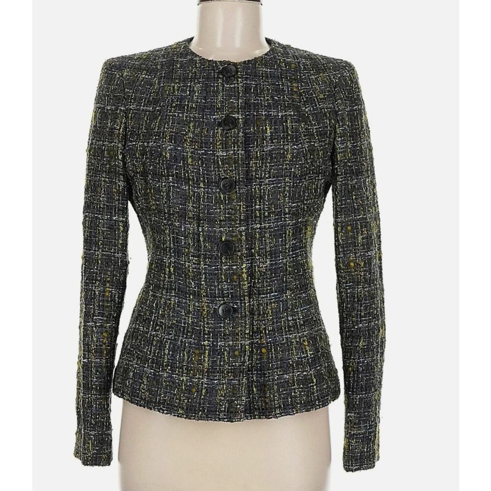 Lafayette 148 Navy, Green Virgin Wool Tweed Button Up Blazer Jacket 12